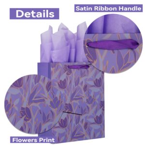 Qirrmiy 13” Large Purple Gift Bag Set with Greeting Card and Tissue Paper (Purple Flowers Design) for Celebrating Birthdays, Mother's Day, Weddings, Anniversaries - 10.2”x5.2”x13”, 1 Pcs.