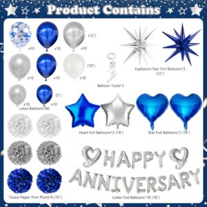 Happy Anniversary Party Decoration 101Pcs, Blue and Silver Anniversary Party Supplies Happy Anniversary Backdrop Banner Blue and Silver Balloon Arch Kit Tablecloth for Wedding Anniversary Party Decor