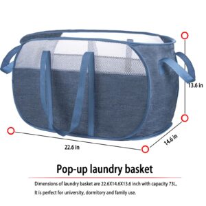 pop-up laundry basket，with Durable Handles collapsible Mesh laundry Hamper,Easy to Open and Fold,Premium Cationic Fabric… (Cationic blue+blue)