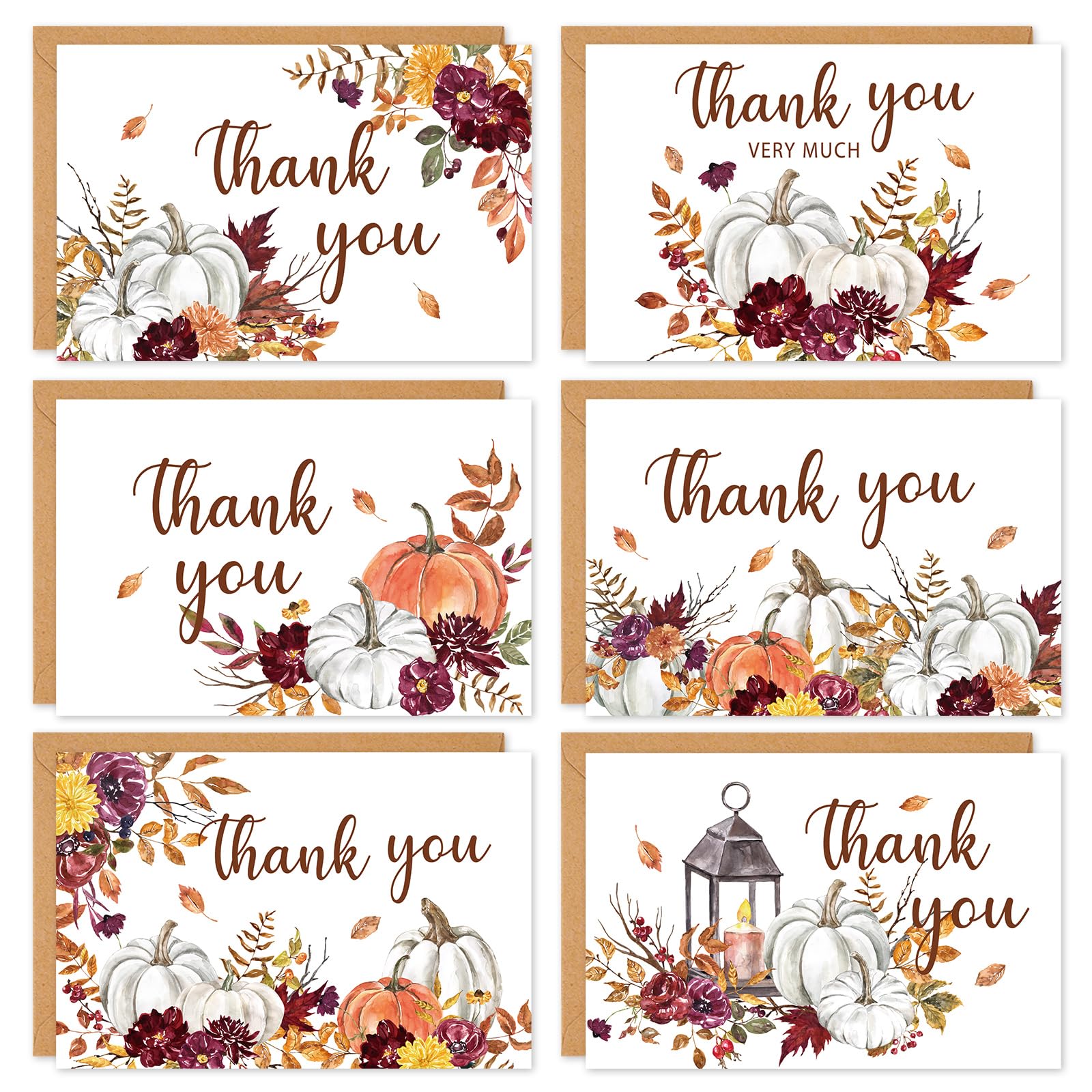 Whaline 36 Pack Fall Thank You Card Watercolor Floral Pumpkin Leaves Greeting Cards with Envelope Sticker Blank Note Cards for Autumn Thanksgiving Wedding, 4 x 6 Inch