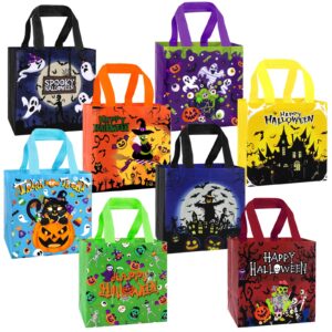 dulefun 8pcs halloween trick or treat bags, halloween tote gift bags with handles reusable non-woven goodie candy bags for gifts wrapping halloween party favor supplies