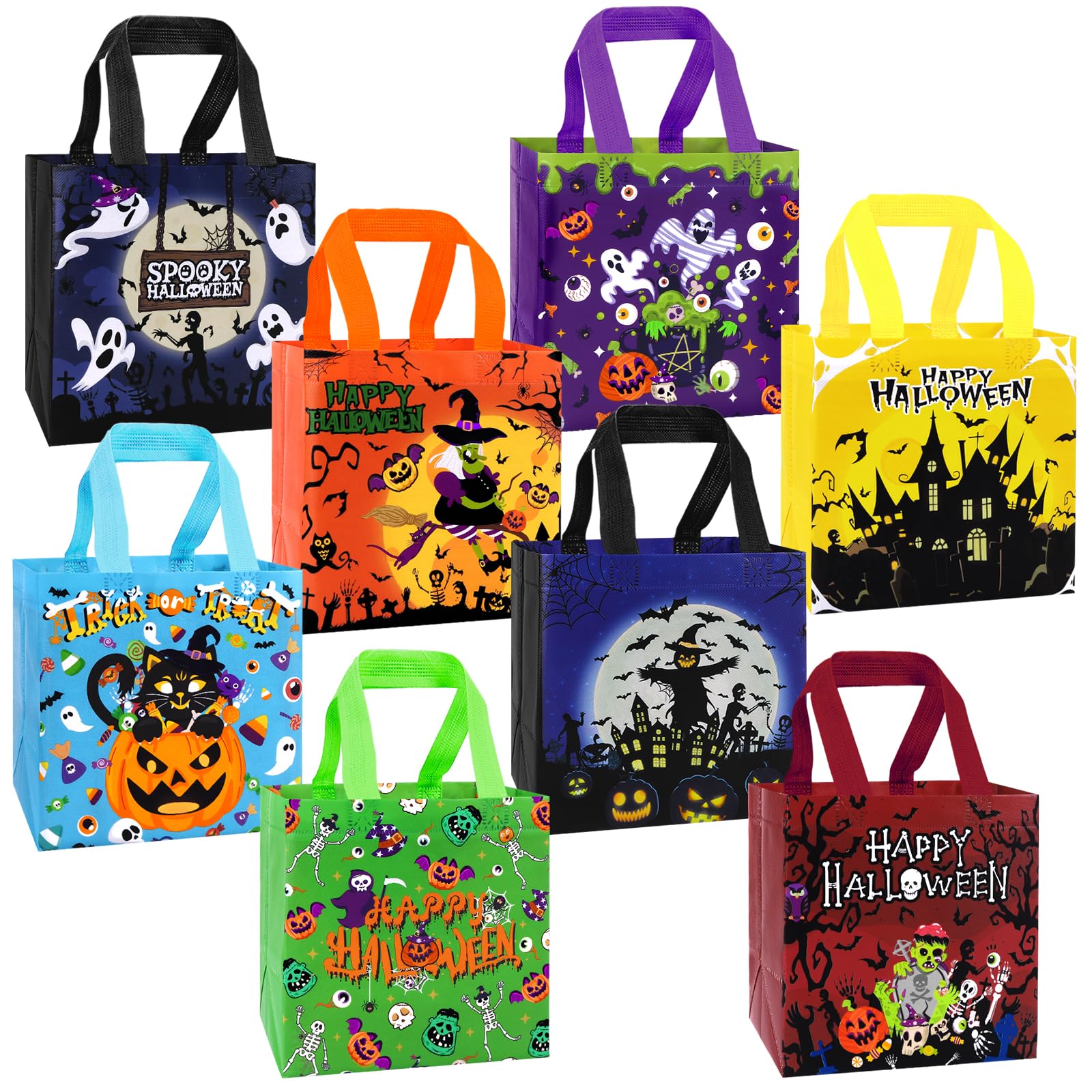 DULEFUN 8pcs Halloween Trick or Treat Bags, Halloween Tote Gift Bags with Handles Reusable Non-Woven Goodie Candy Bags for Gifts Wrapping Halloween Party Favor Supplies