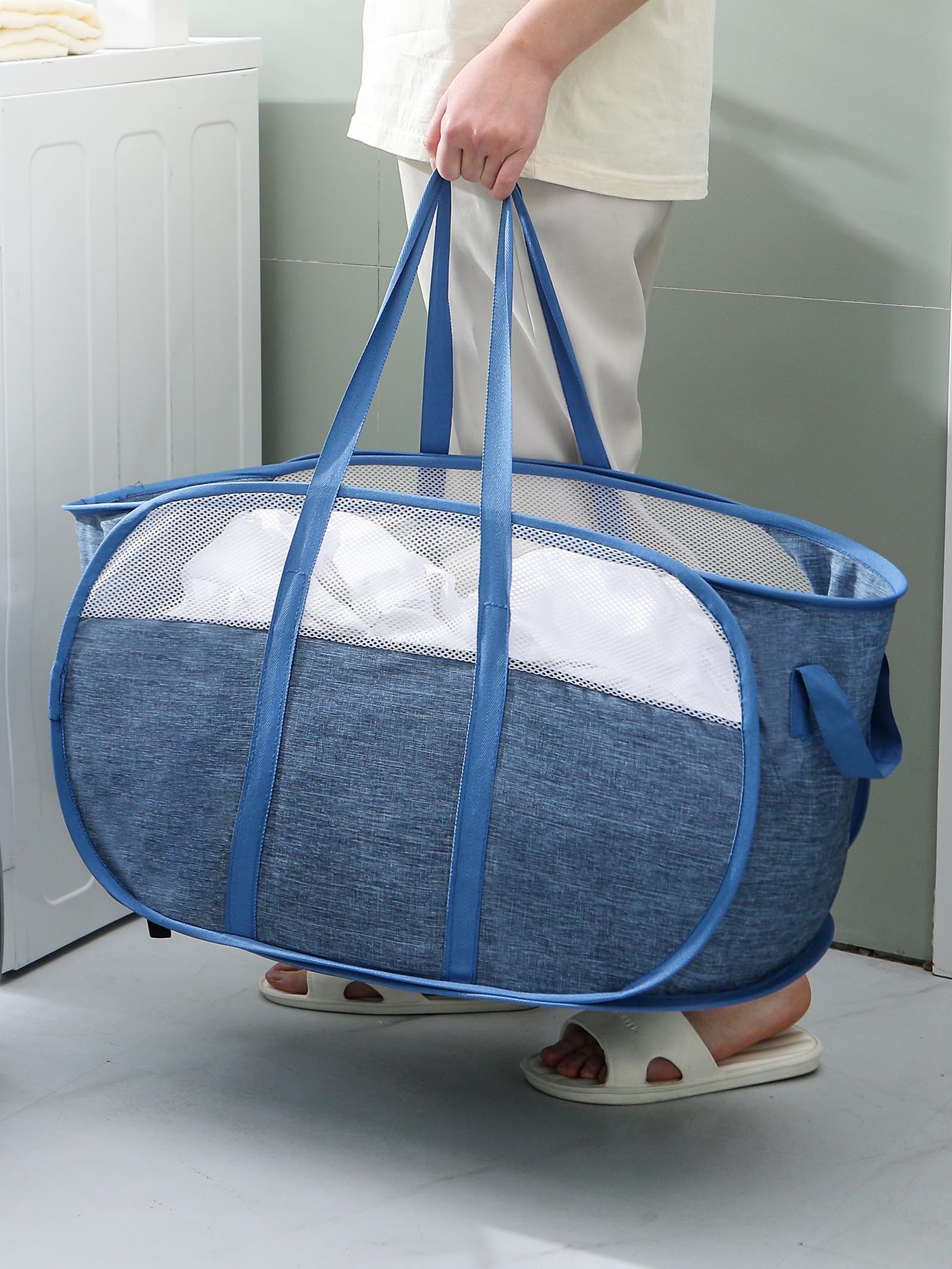 pop-up laundry basket，with Durable Handles collapsible Mesh laundry Hamper,Easy to Open and Fold,Premium Cationic Fabric… (Cationic blue+blue)