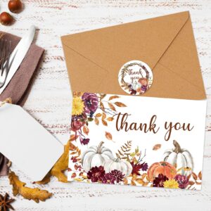 Whaline 36 Pack Fall Thank You Card Watercolor Floral Pumpkin Leaves Greeting Cards with Envelope Sticker Blank Note Cards for Autumn Thanksgiving Wedding, 4 x 6 Inch