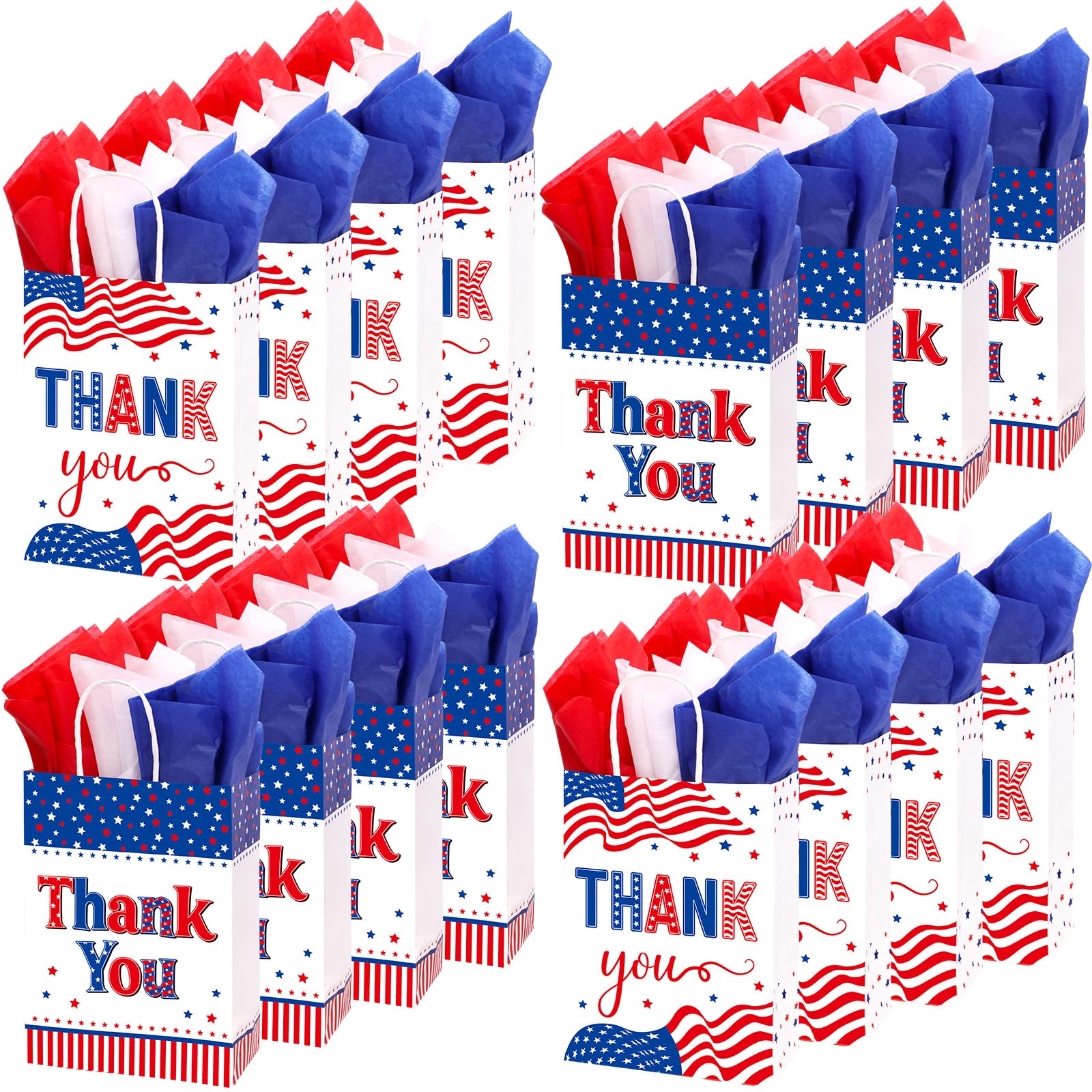 Veterans Day Gift Bags Patriotic Thank You Bags with Handles and Tissue Paper Red White Blue 4th of July Goodie Bags Paper Treat Goodie for Memorial Day Independence Day 16 Pcs