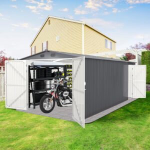 20 x 13 ft outdoor storage shed, large metal garden shed with 2 lockable doors, tool shed outdoor storage with 4 air vents, garage shed waterproof for car, truck, bike, garbage can, tool, dark gray