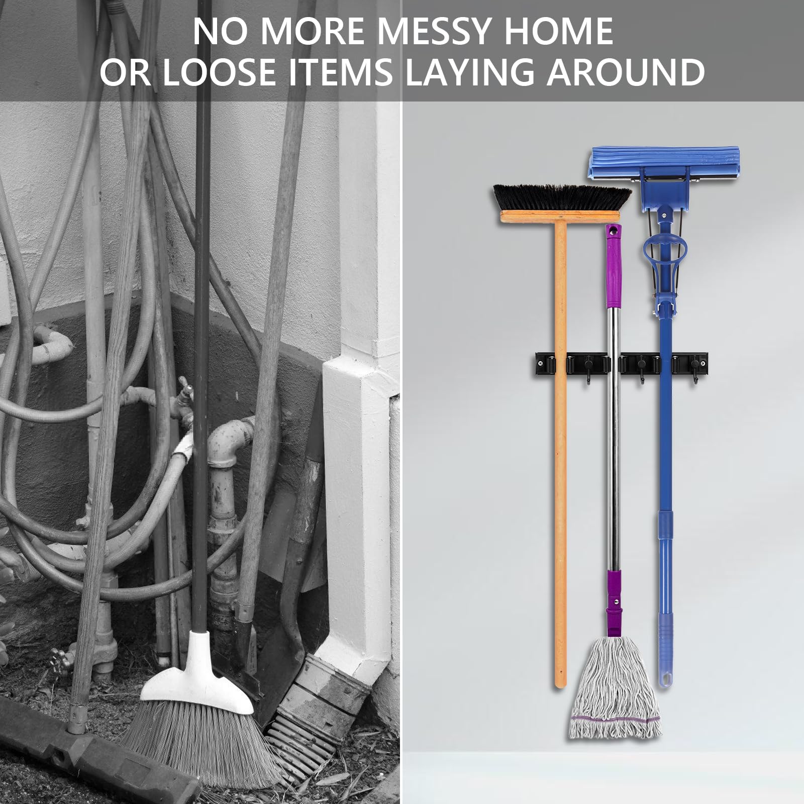 YA MI Mop holder, broom holder, stainless steel wall hanging tool storage device with 3 hooks in 3 positions, suitable for home bathrooms, kitchens, and gardens