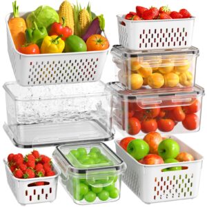 4 pcs large fruit storage containers for fridge, airtight food storage container with removable colanders, bpa-free, dishwasher & microwave safe, keep berry, fruit, vegetable, meat fresh longer