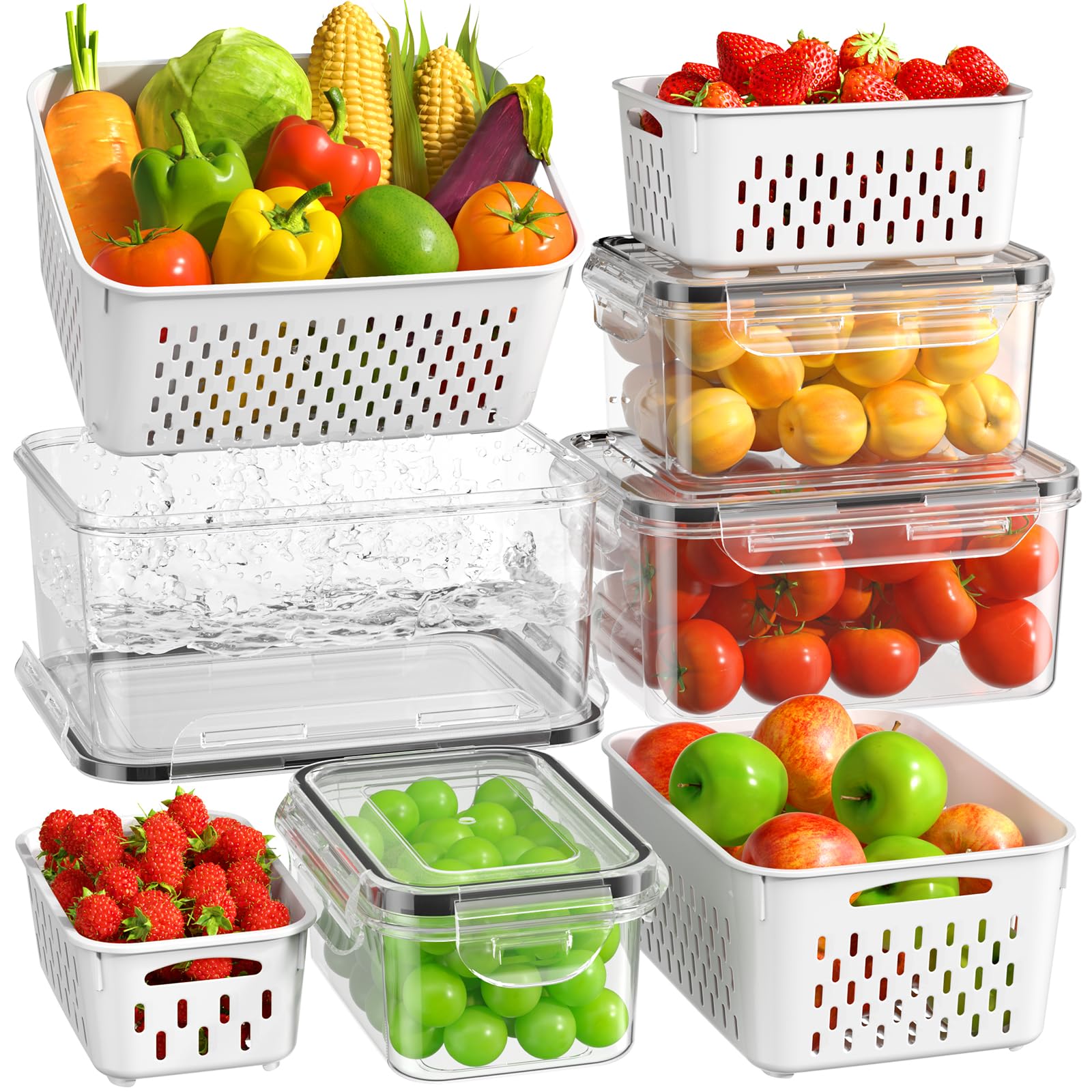 4 Pcs Large Fruit Storage Containers For Fridge, Airtight Food Storage Container with Removable Colanders, BPA-Free, Dishwasher & Microwave Safe, Keep Berry, Fruit, Vegetable, Meat Fresh Longer