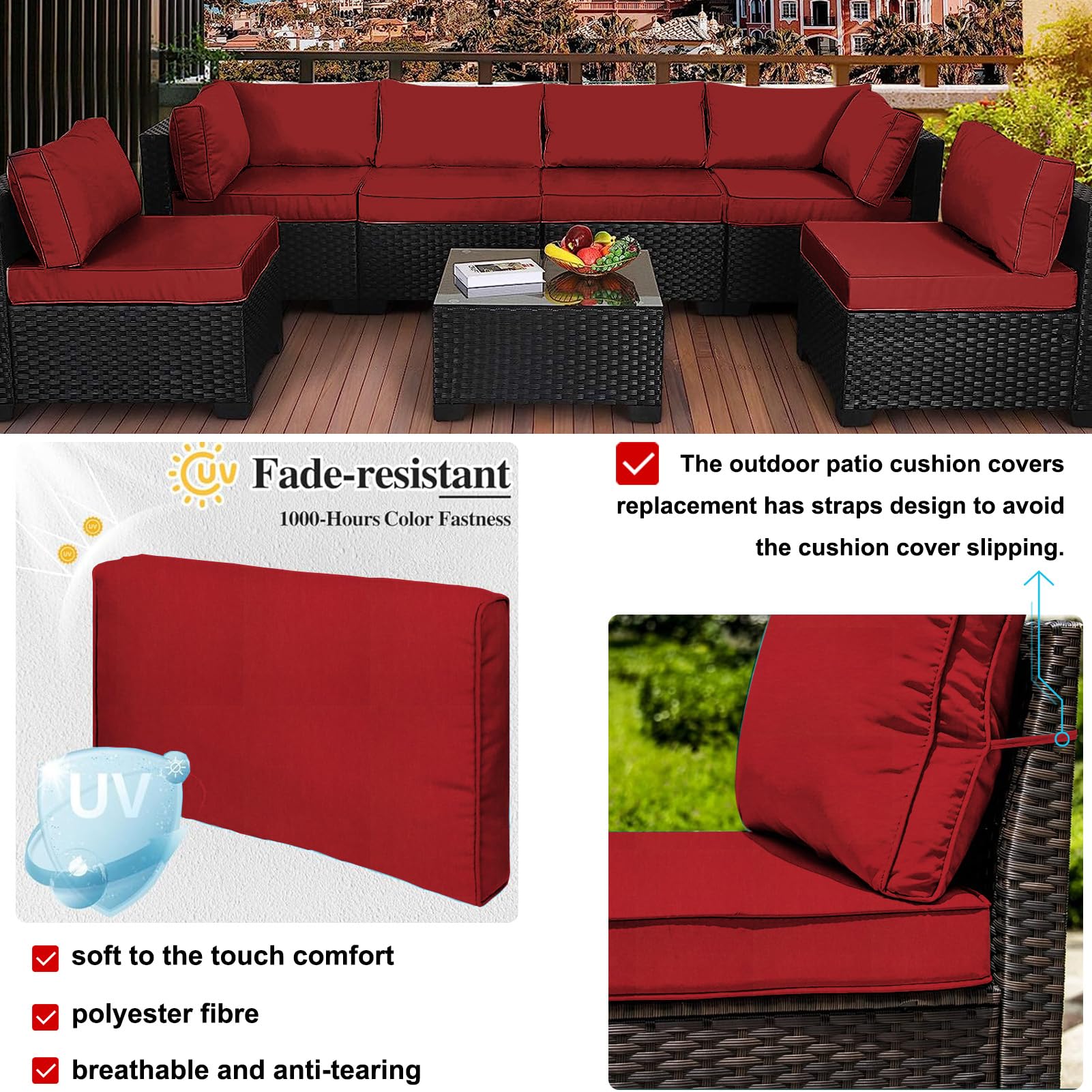 Outdoor Patio Cushion Covers Replacement, Waterproof Furniture Cushion Slipcovers with Zipper, Fit for Wicker Rattan Sectional Couch Chair Furniture Set (4, Red)