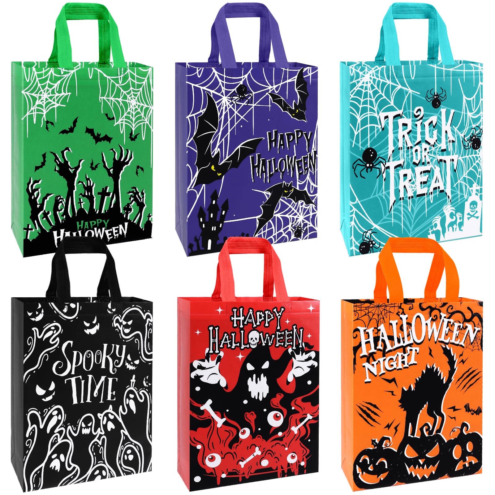 DULEFUN 6pcs Large Halloween Tote Gift Bags, Halloween Trick or Treat Bags with Handles Reusable Non-Woven Goodie Candy Bags for Gifts Wrapping Halloween Party Favor Supplies