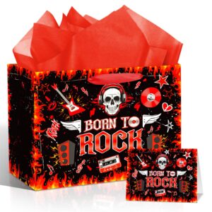 rock birthday gift bag for men women rocking music gift bag for boys girls with card tissue paper, skeleton skull wrapping paper bag for guitar rock and roll party decorations 1950's 50s 60s themed