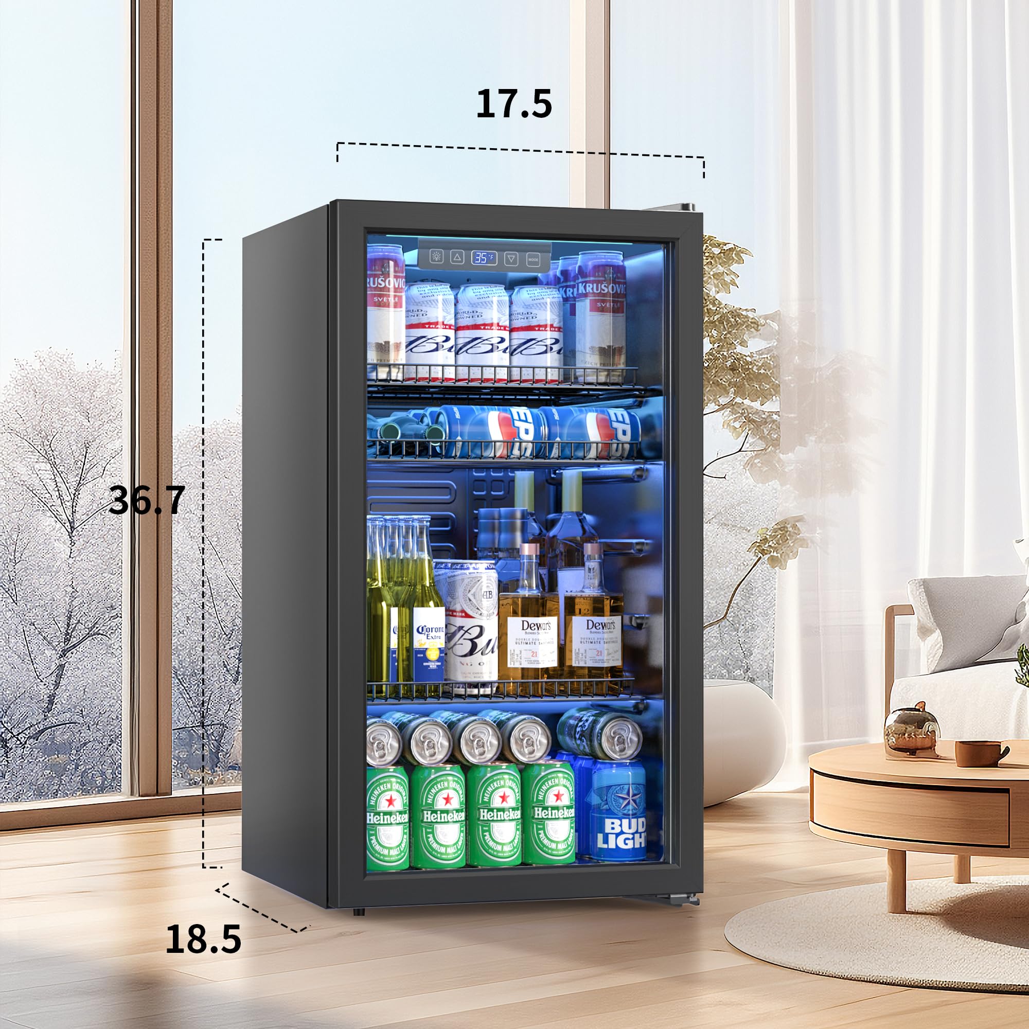 Urbansync Beverage Refrigerator and Cooler, 3.2 Cu.Ft Mini Fridge with Glass Door for Soda Beer or Wine, Freestanding Small Drink Dispenser, Digital Temperature Control, Home, Bar, Office.