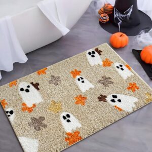 Ouyattle Cute Spooky Halloween Rug 2x3 - Aesthetic Boho Floral Ghost Halloween Bathroom Rugs Funky Gothic Microfiber Bath Mat Non-Slip Washable, Vintage Abstract Spirit Halloween Small Throw Rugs