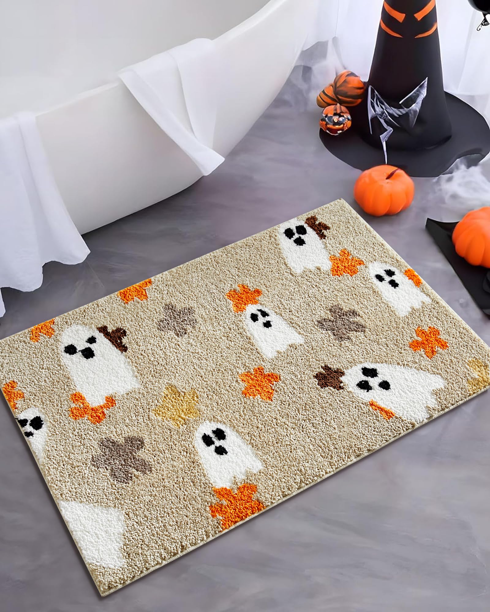 Ouyattle Cute Spooky Halloween Rug 2x3 - Aesthetic Boho Floral Ghost Halloween Bathroom Rugs Funky Gothic Microfiber Bath Mat Non-Slip Washable, Vintage Abstract Spirit Halloween Small Throw Rugs