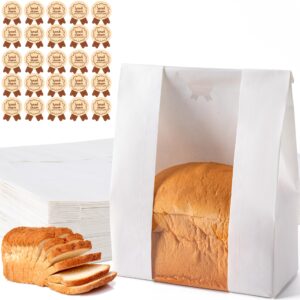 25pcs paper bread bags-white, sourdough bread bags for homemade bread, large bakery bags with window includes 25pcs label seal stickers for homemade bread storage(13.7x8.3x3.5 inch)