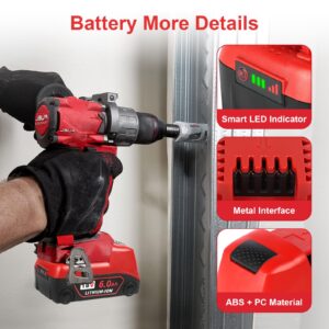 2Pack 6.0Ah Replacement for Milwaukee M18 Battery and Charger Kit Compatible with Milwaukee 18V Battery Cordless Power Tools 48-11-1852 48-11-1850 48-11-1840 48-11-1890 48-11-1828 and Original Charger