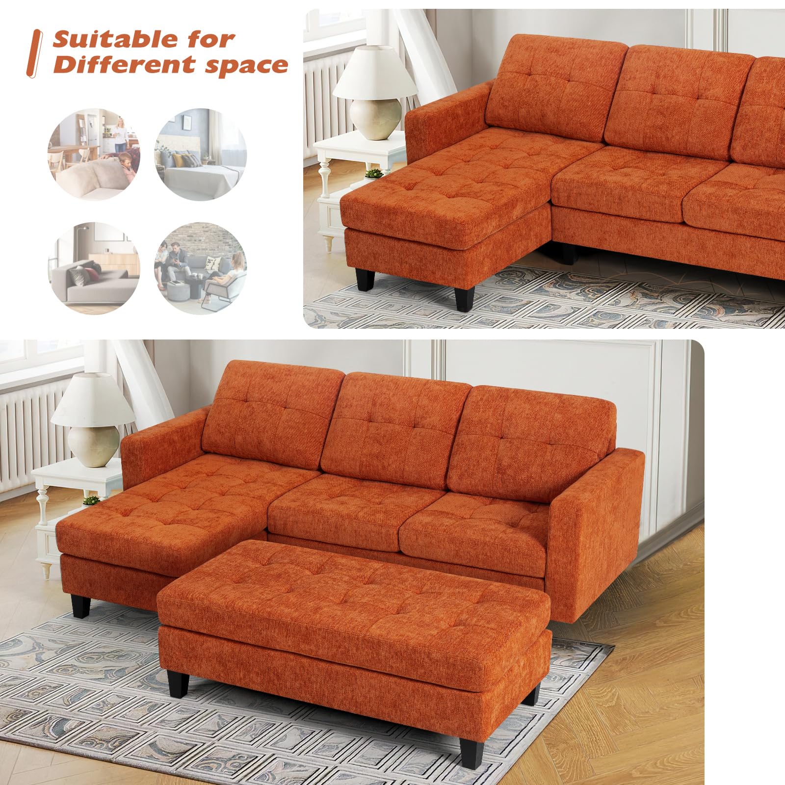 ACMEASE 84" Chenille Convertible Sectional Sofa w/Movable Ottoman Bench, 3 Seats L Shaped Couch w/Reversible Chaise Lounge,Modern Upholstered Sofa w/Tufted Cushions for Apartment, Living Room, Orange