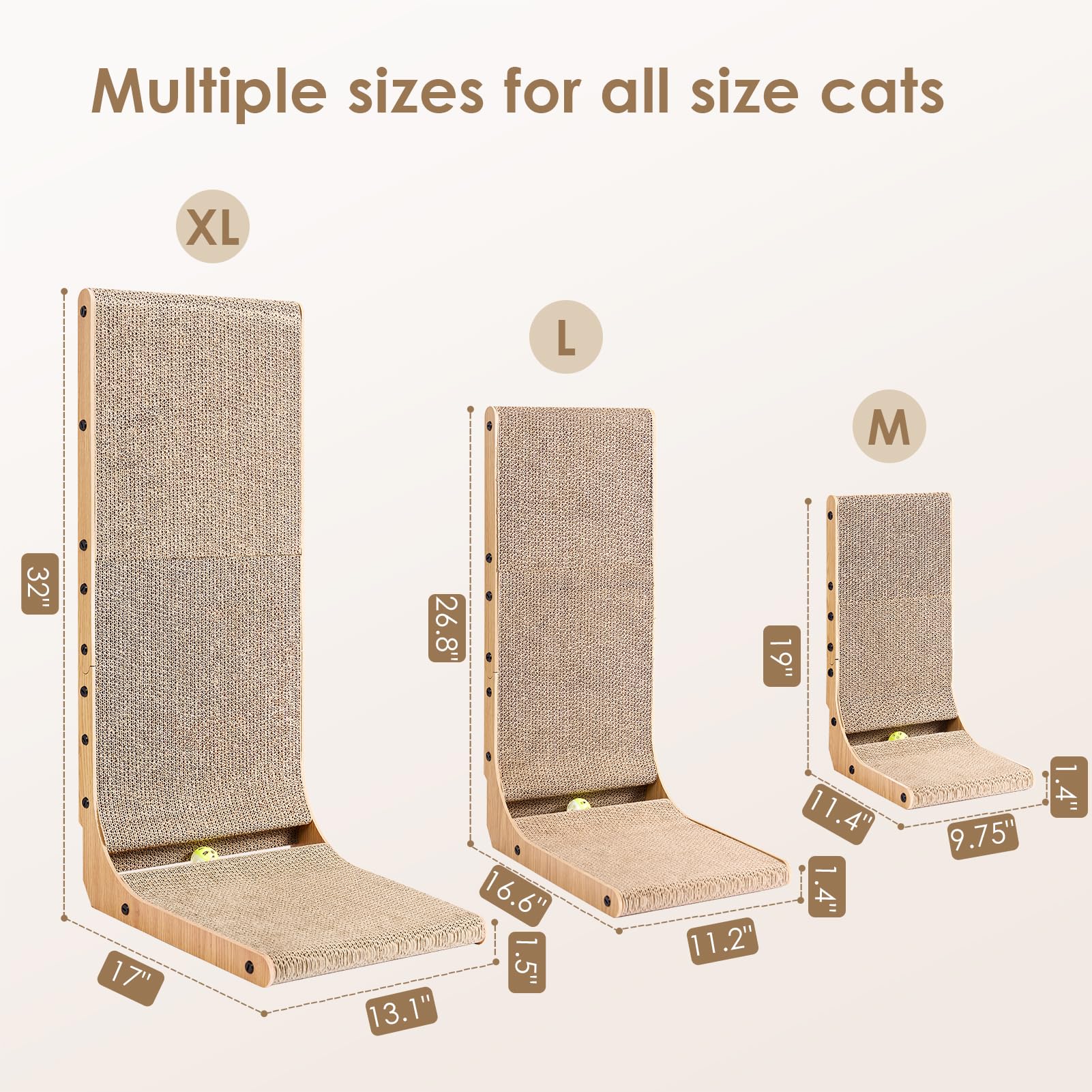 EHEYCIGA Cardboard Cat Scratcher for Indoor Cats, 26.8 Inch L Shaped Vertical Cat Scratching Board with Ball Cat Toy, Large Cat Scratcher Pad