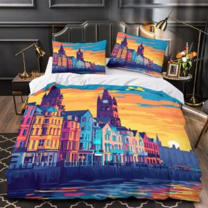 THUBDYEA Elizabeth Tower 3D Printedarchitecture Bedding Set Comforter Covers Duvet Cover Quilt Cover 3 Pieces with Pillowcases for Childrens and Adults Microfiber with Zipper Closure Twin（173x218cm）