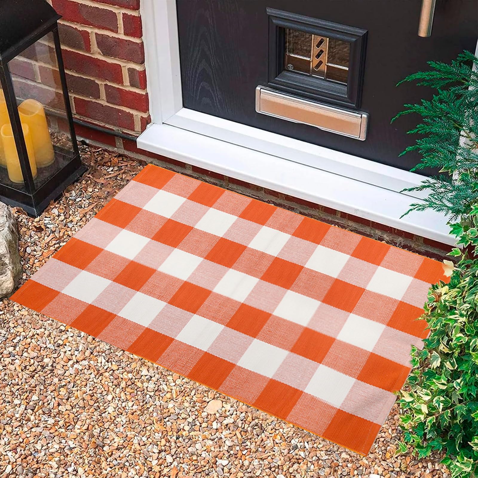 WAYYE Buffalo Plaid Outdoor Rug Checkered Area Rug Washable Doormats Indoor Outdoor Rugs for Layered Front Door Mats, Porch, Entryway, Kitchen, Farmhouse (Orange and White Plaid, 2'3'' x 3'7'')