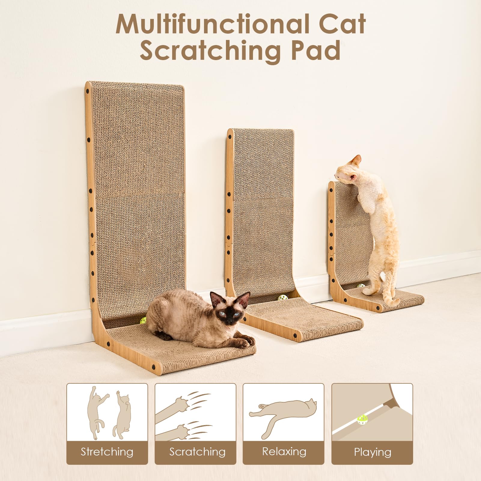 EHEYCIGA Cardboard Cat Scratcher for Indoor Cats, 26.8 Inch L Shaped Vertical Cat Scratching Board with Ball Cat Toy, Large Cat Scratcher Pad