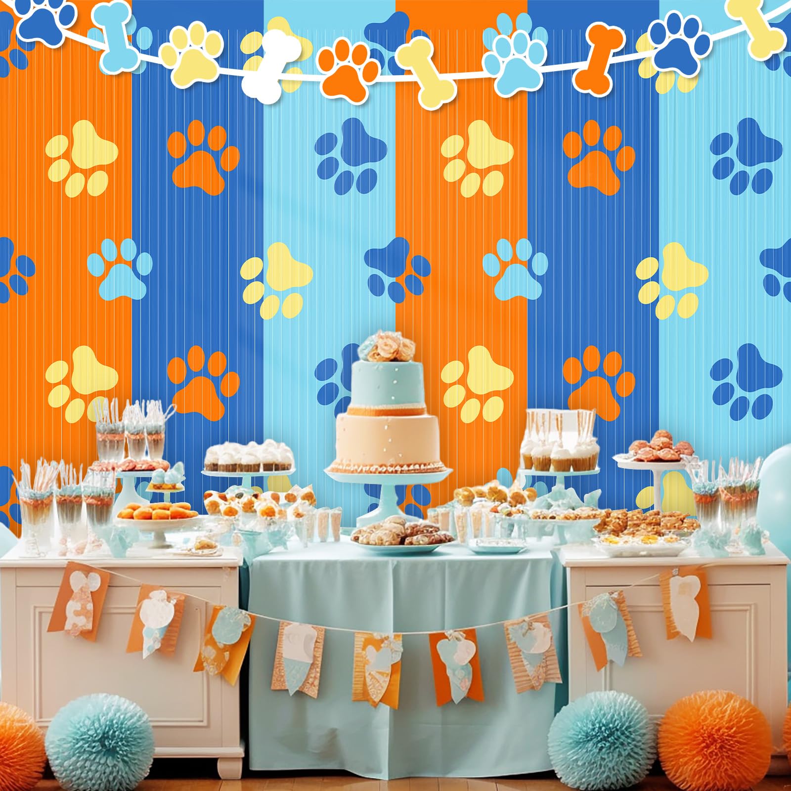 WovWeave 2 Packs Blue Dog Fringe Curtains 3.3 x 6.6 Ft Dog Paw Foil Fringe Backdrop Orange Blue and Light Blue Tinsel Streamers for Blue Dog Themed Baby Shower Birthday Party Supplies Decorations