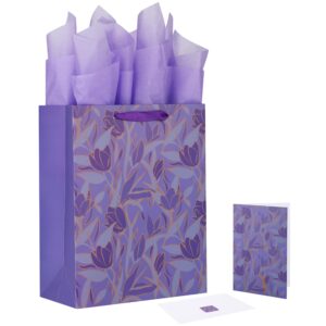 qirrmiy 13” large purple gift bag set with greeting card and tissue paper (purple flowers design) for celebrating birthdays, mother's day, weddings, anniversaries - 10.2”x5.2”x13”, 1 pcs.