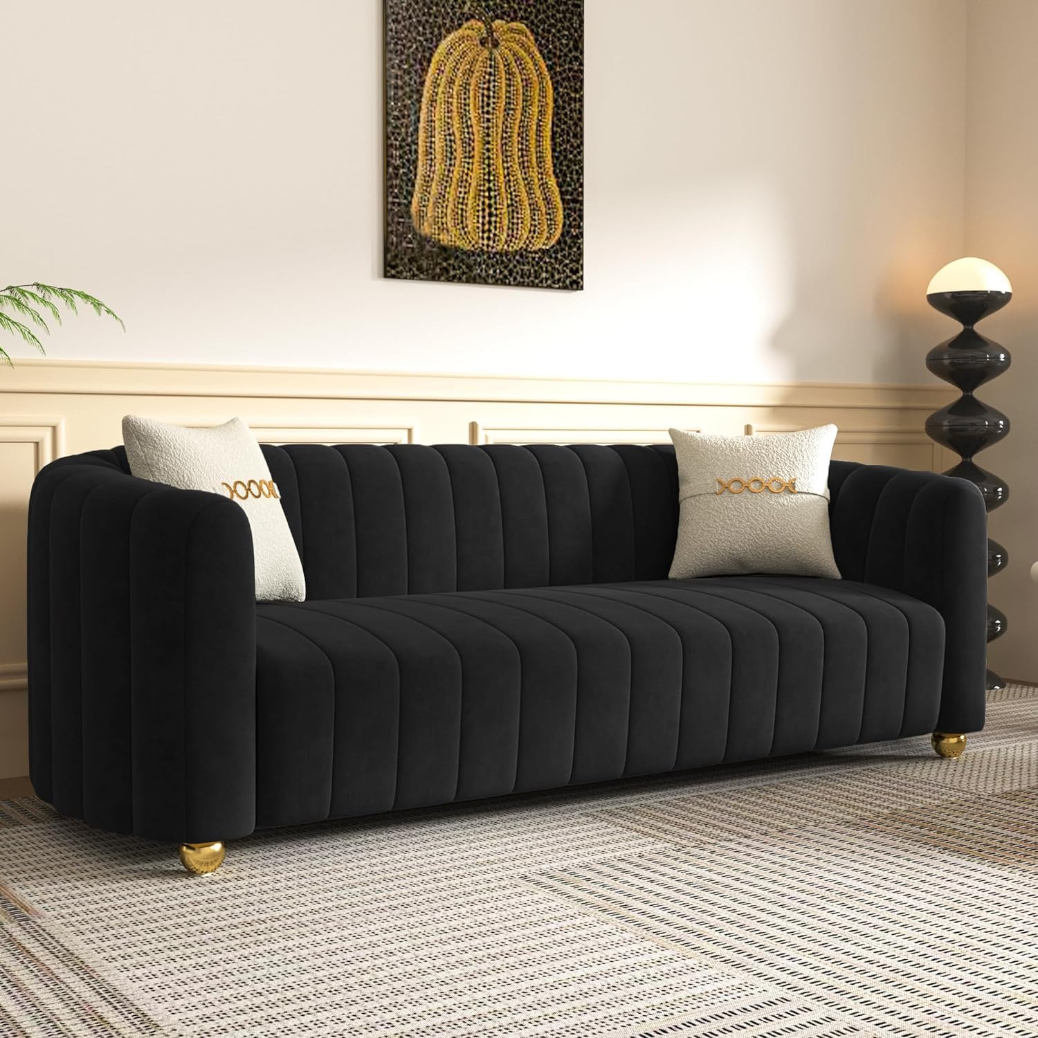 Kadway Mid-Century Modern Sofa for Living Room, 84" Luxury Velvet Loveseat Sofa Couch, Sectional Love Seat Sofa Couch with Gold Legs, Upholstered Sofa for Apartment Bedroom Home Office Black