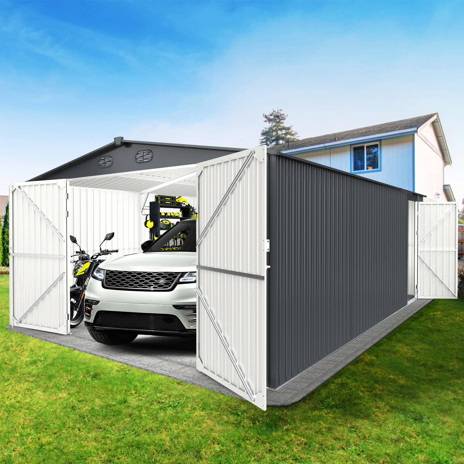 20 x 13 FT Outdoor Storage Shed, Large Metal Garden Shed with 2 Lockable Doors, Tool Shed Outdoor Storage with 4 Air Vents, Garage Shed Waterproof for Car, Truck, Bike, Garbage Can, Tool, Dark Gray