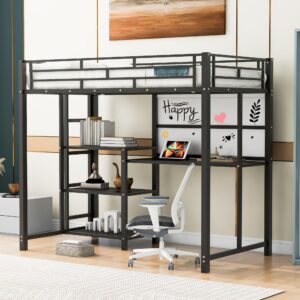 cabsett metal loft bed with desk and whiteboard, twin size loft bed with 3 shelves and ladder, heavy-duty loft bedframe for kids boys girls teens, easy assembly, black