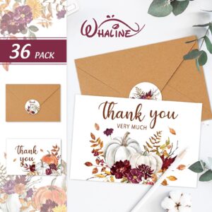 Whaline 36 Pack Fall Thank You Card Watercolor Floral Pumpkin Leaves Greeting Cards with Envelope Sticker Blank Note Cards for Autumn Thanksgiving Wedding, 4 x 6 Inch