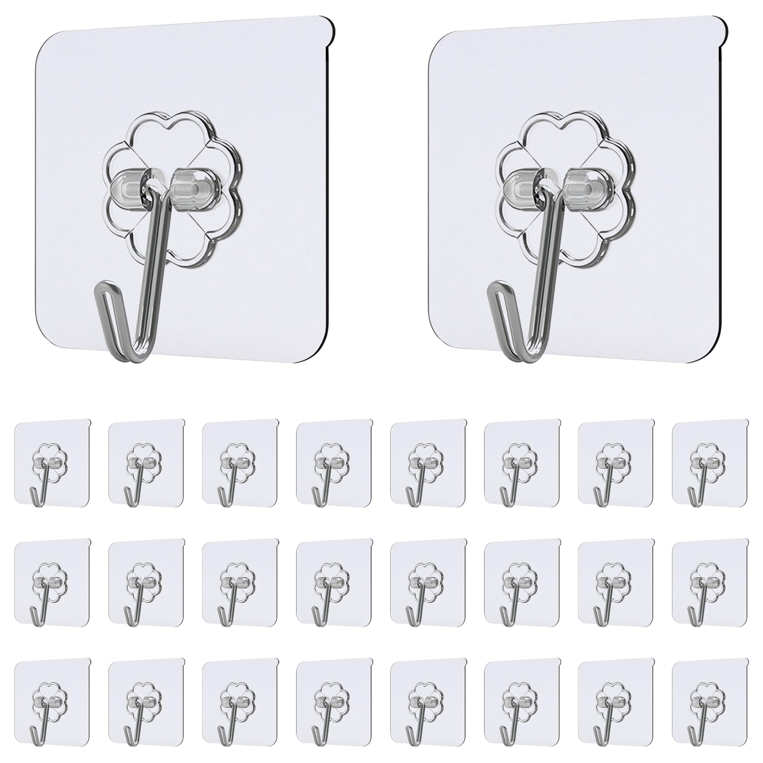 XCZYN Self Adhesive Hooks 24 Pcs Transparent Waterproof Sticky Hooks Hanging Heavy Duty on Smooth Surfaces Like Wall, Tiles, Glass, Metal for Home, Bathroom, Kitchen, Office and Outdoor (24, Clear)