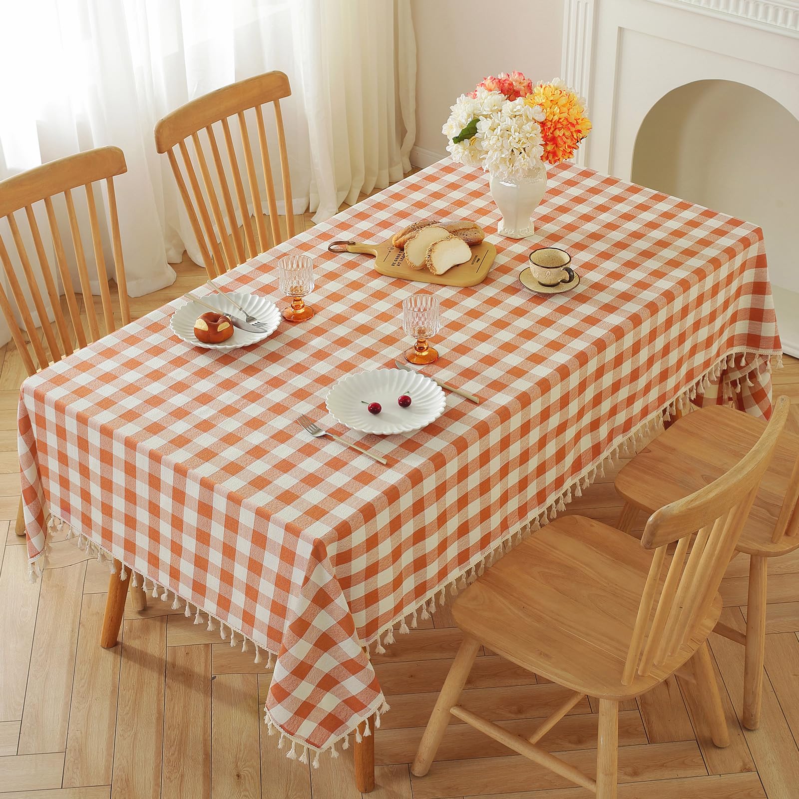 Alsoo Checkered Tablecloth Rectangle Cotton Linen Fabric Fall Gingham Table Cloth Heavy Duty Buffalo Plaid Table Cover with Tassel Washable for Kitchen Dining Holiday Party, Orange and White, 55X75''