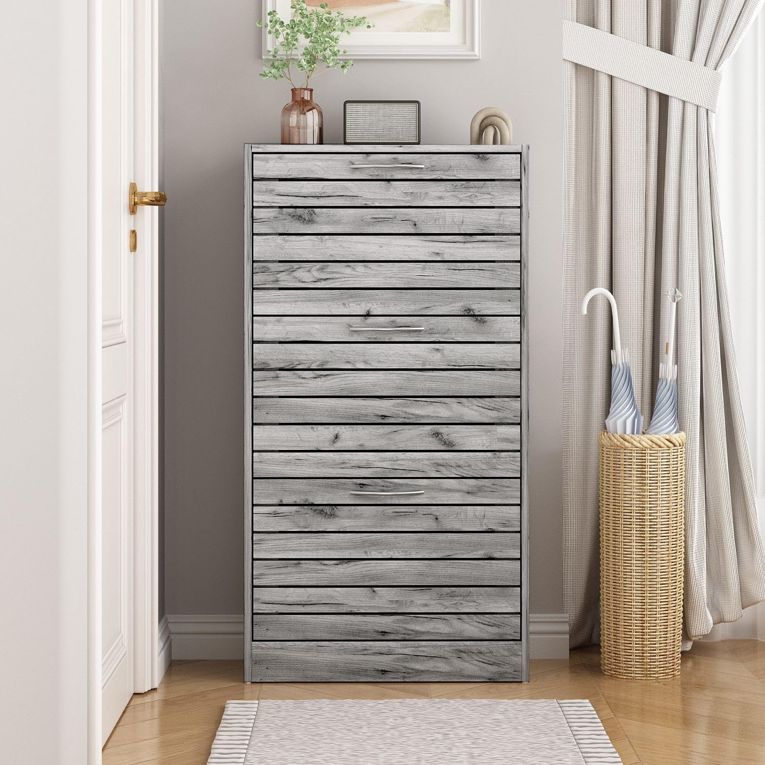 TAMUNE Small Shoe Cabinet with 3 Flip Drawers, Slim Shoe Storage Cabinet Shoe Organizer, Louvered Surface, No Backboard, for Entryway Grey (22.4”W x 9.4”D x 42.3”H)