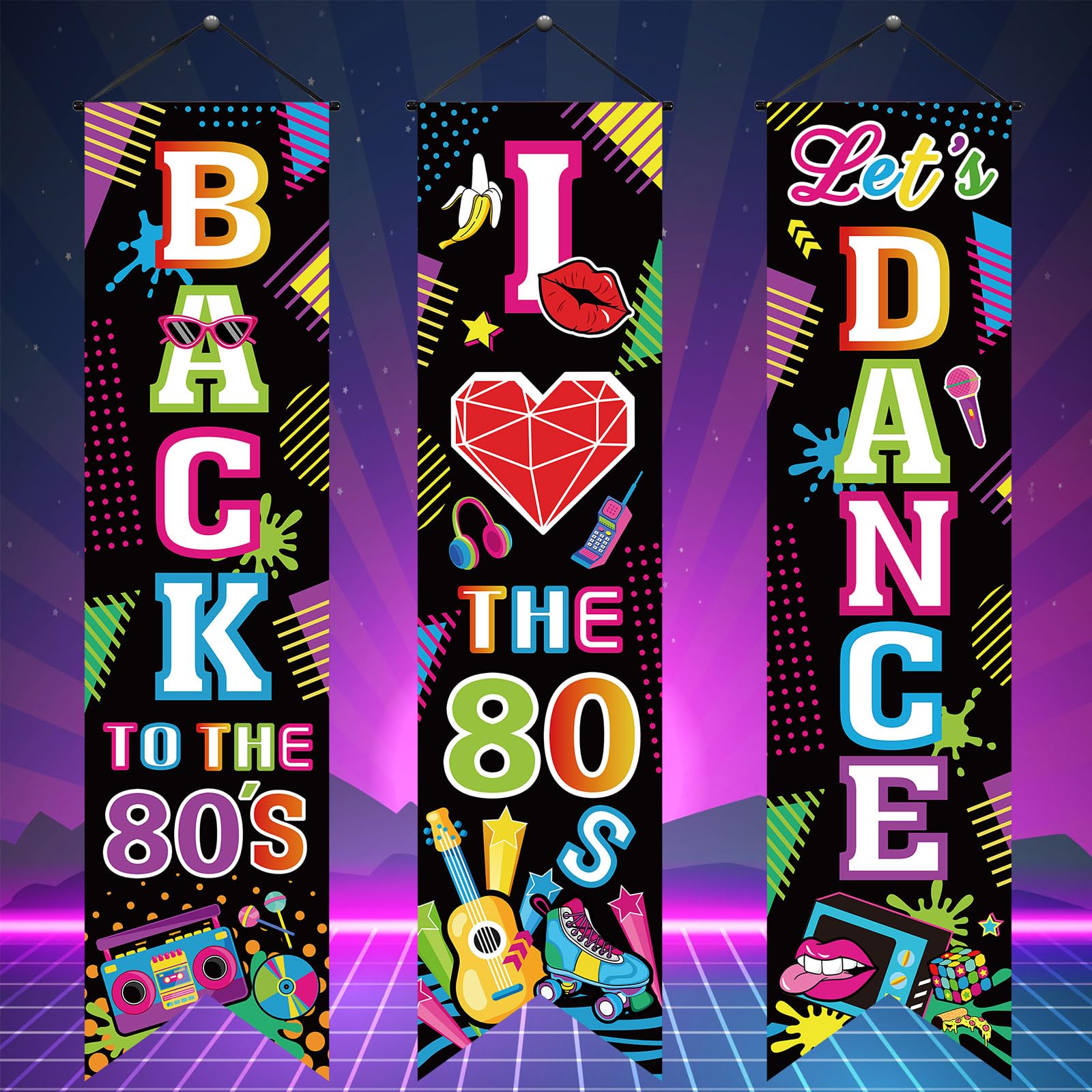 Chiisong 3 Pieces 80's Party Decorations Back to The 80's Banners I Love 80s Porch Signs 80s Hanging Backdrops for Home Bar Retro 80s Theme Hip Hop Rock Disco Birthday Party Door Wall Decor Supplies