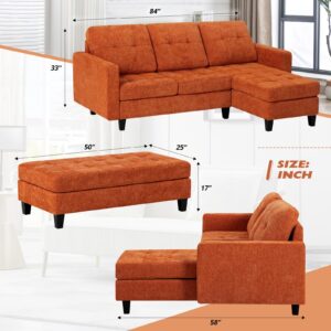 ACMEASE 84" Chenille Convertible Sectional Sofa w/Movable Ottoman Bench, 3 Seats L Shaped Couch w/Reversible Chaise Lounge,Modern Upholstered Sofa w/Tufted Cushions for Apartment, Living Room, Orange