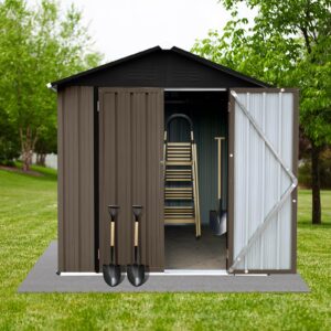 LCOZPG 6FT x 4FT Metal Outdoor Storage Shed, Steel Utility Tool Shed Storage House Tool Garden Shed with Lockable Doors for Backyard Garden Patio Lawn,Brown