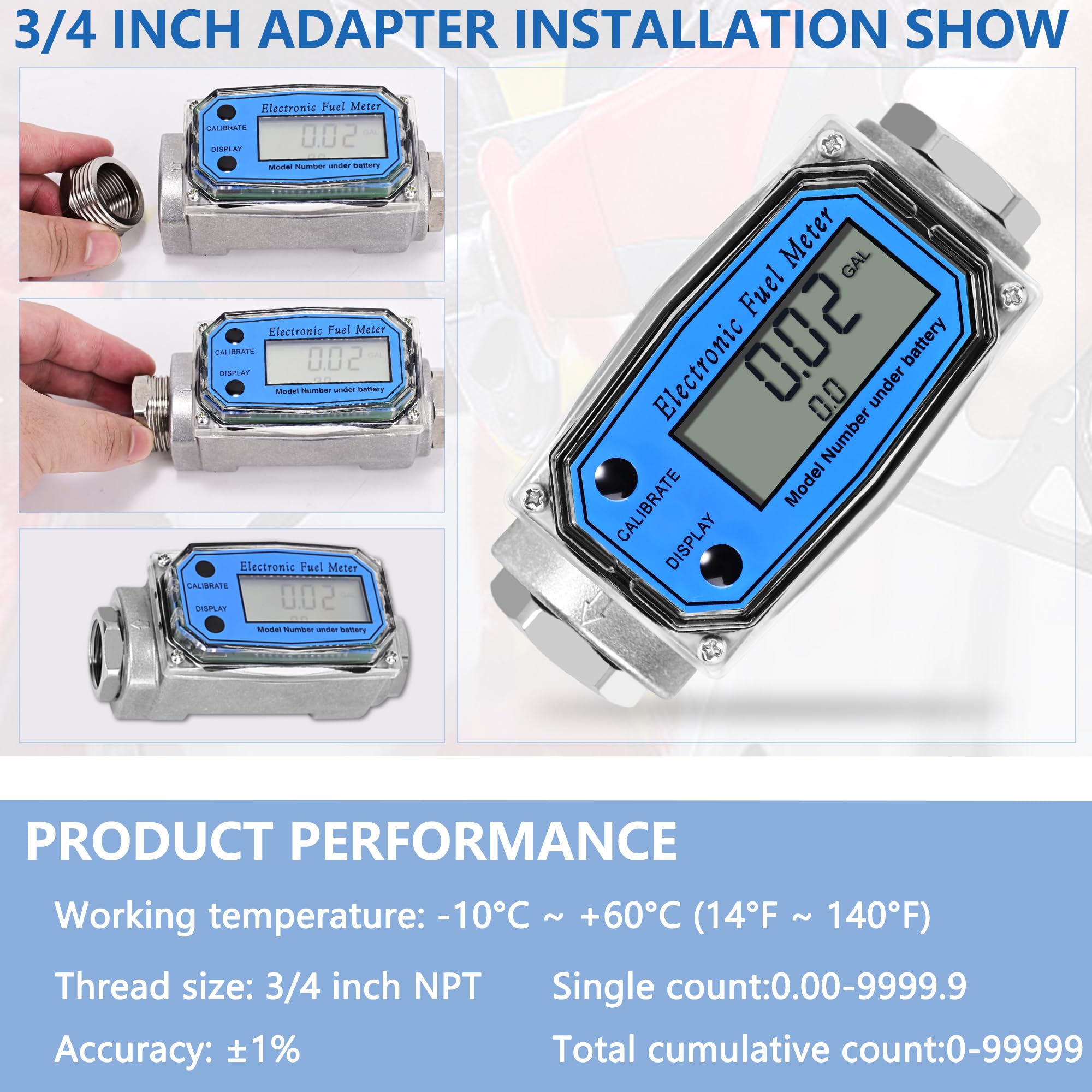 1" Turbine Fuel Flow Meter, 2.6-26 GPM Inline NPT Thread Flowmeter with 3/4" Adapters,Digital Fuel Flow Meter,for Kerosene,Biodiesel, Light Chemicals- Supports Gallon, LTR, PT, QT