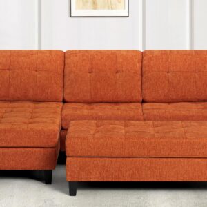 ACMEASE 84" Chenille Convertible Sectional Sofa w/Movable Ottoman Bench, 3 Seats L Shaped Couch w/Reversible Chaise Lounge,Modern Upholstered Sofa w/Tufted Cushions for Apartment, Living Room, Orange