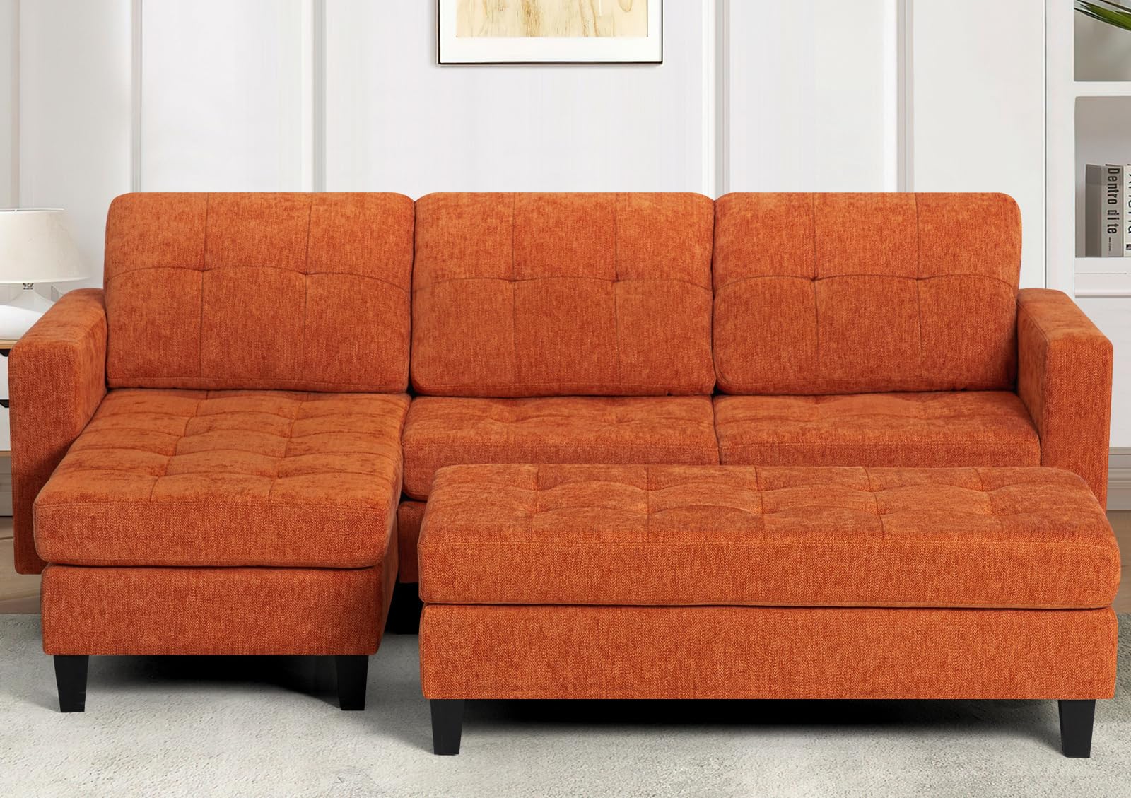 ACMEASE 84" Chenille Convertible Sectional Sofa w/Movable Ottoman Bench, 3 Seats L Shaped Couch w/Reversible Chaise Lounge,Modern Upholstered Sofa w/Tufted Cushions for Apartment, Living Room, Orange