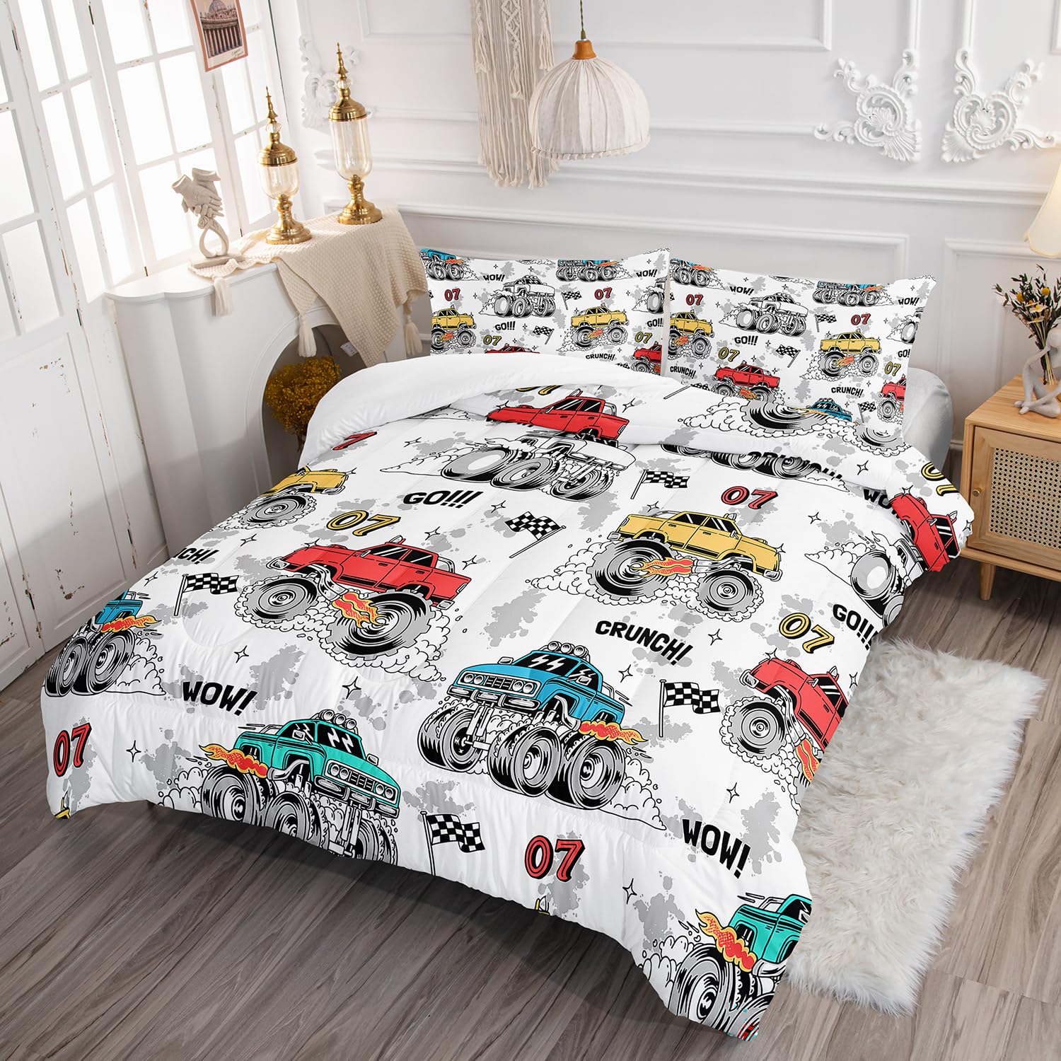 AILONEN Monster Trucks White Comforter Set Twin Size, Cartoon Truck Car Printed Bedding Set for Kids,Boys,Extreme Sports Duvet Set,3-Piece, 1 Quilt and 2 Pillowcases