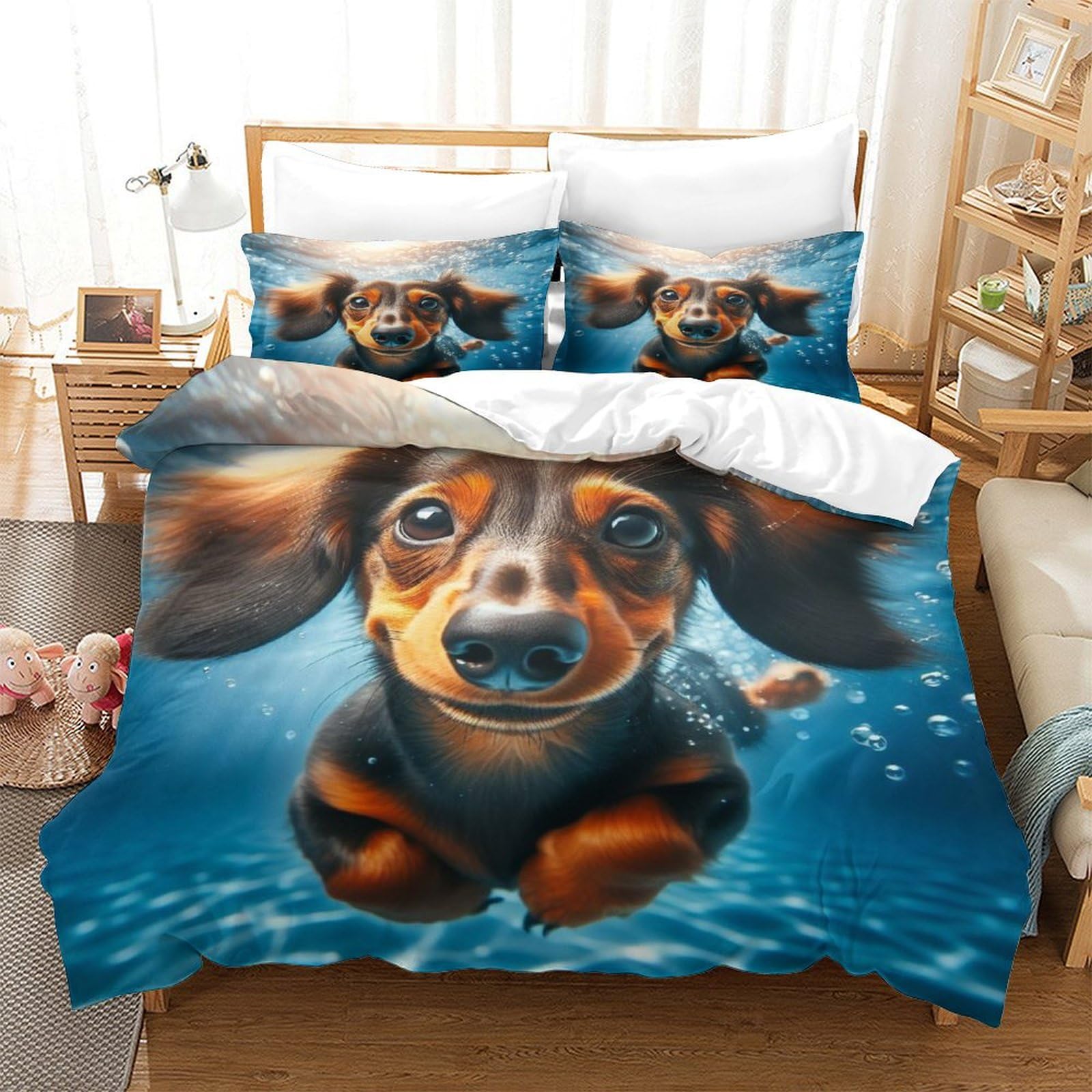 THUBDYEA Dachshund Comforter Covers 3D PrintedPet Dog Bedding Set Quilt Cover Duvet Cover 3 Pieces for Childrens and Adults Microfiber with Pillowcases with Zipper Closure Full（203x228cm）, Style-26