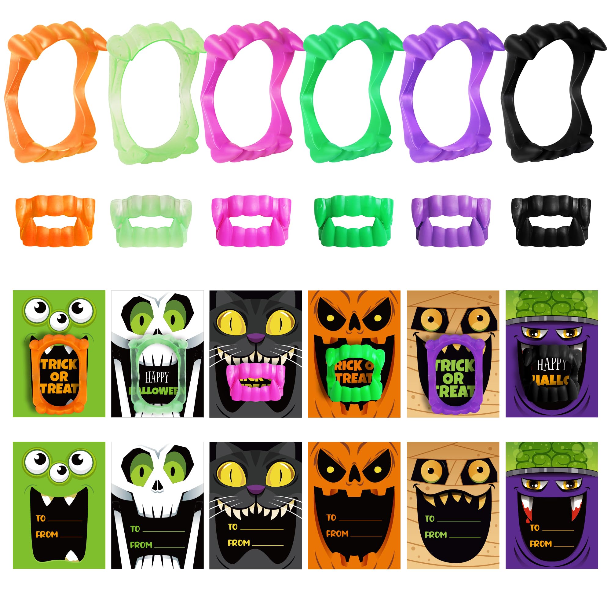 48Pcs Halloween Party Favors Vampire Teeth with Gift Cards,24 Plastic Fake Vampire Fangs Toys Bulk Halloween Treats Non Candy Goodie Bag Basket Stuffers Classroom Prizes Gift for Kids Trick or Treat