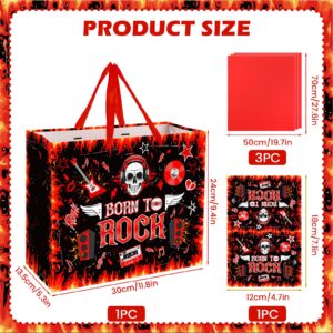 Rock Birthday Gift Bag for Men Women Rocking Music Gift Bag for Boys Girls with Card Tissue Paper, Skeleton Skull Wrapping Paper Bag for Guitar Rock and Roll Party Decorations 1950's 50s 60s Themed