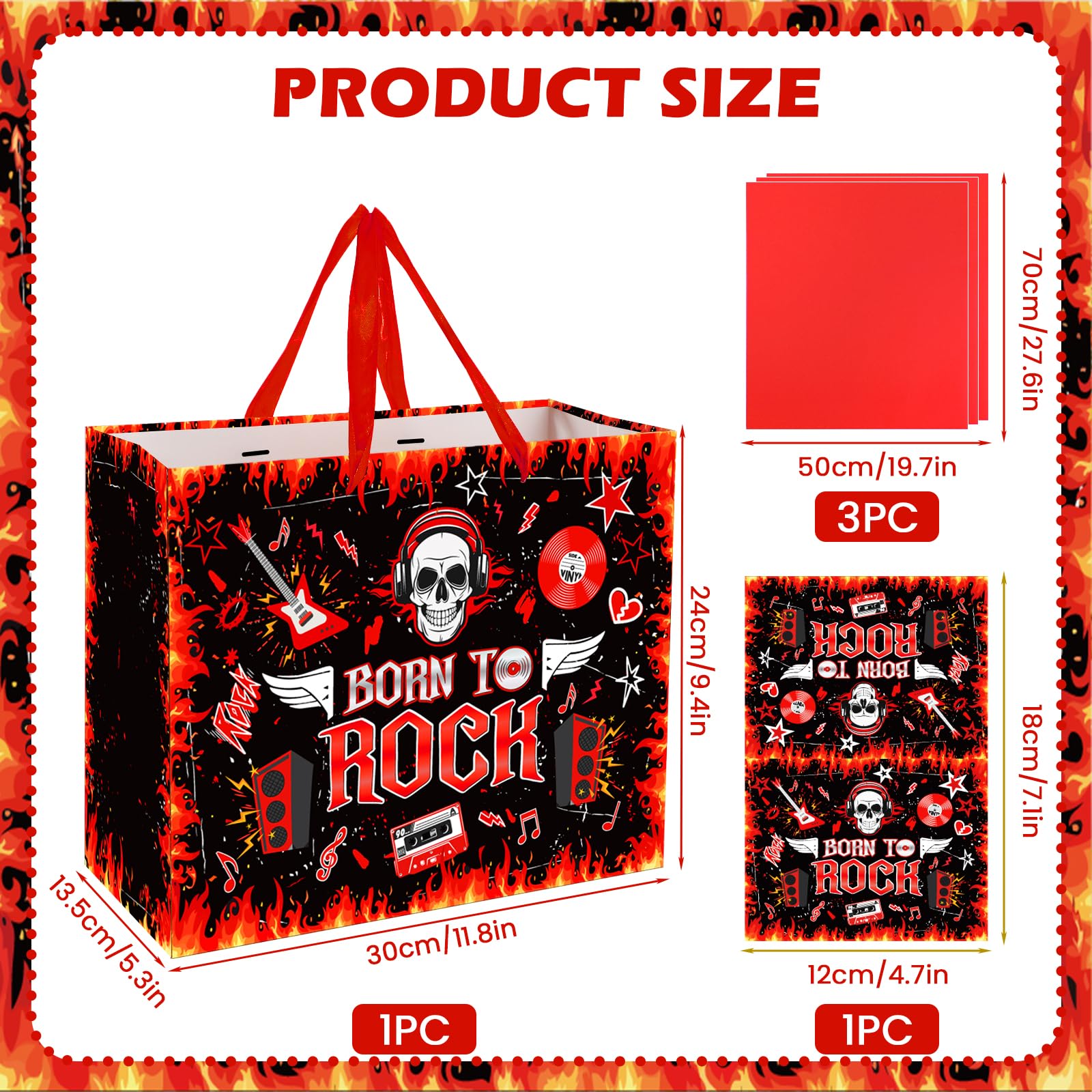 Rock Birthday Gift Bag for Men Women Rocking Music Gift Bag for Boys Girls with Card Tissue Paper, Skeleton Skull Wrapping Paper Bag for Guitar Rock and Roll Party Decorations 1950's 50s 60s Themed