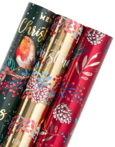 wrapaholic christmas wrapping paper roll - mini roll - 3 rolls - 17 inch x 120 inch per roll - bird, christmas garland, holly and pinecones holiday design with metallic foil shine