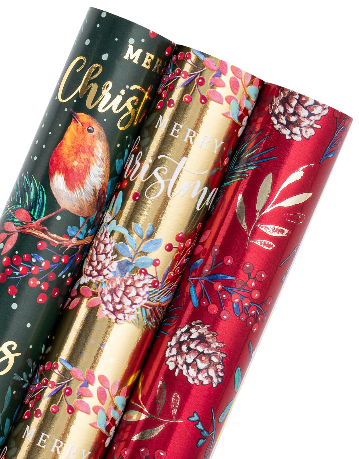 WRAPAHOLIC Christmas Wrapping Paper Roll - Mini Roll - 3 Rolls - 17 Inch x 120 Inch Per Roll - Bird, Christmas Garland, Holly and Pinecones Holiday Design with Metallic Foil Shine