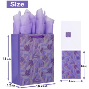 Qirrmiy 13” Large Purple Gift Bag Set with Greeting Card and Tissue Paper (Purple Flowers Design) for Celebrating Birthdays, Mother's Day, Weddings, Anniversaries - 10.2”x5.2”x13”, 1 Pcs.