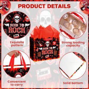 Rock Birthday Gift Bag for Men Women Rocking Music Gift Bag for Boys Girls with Card Tissue Paper, Skeleton Skull Wrapping Paper Bag for Guitar Rock and Roll Party Decorations 1950's 50s 60s Themed